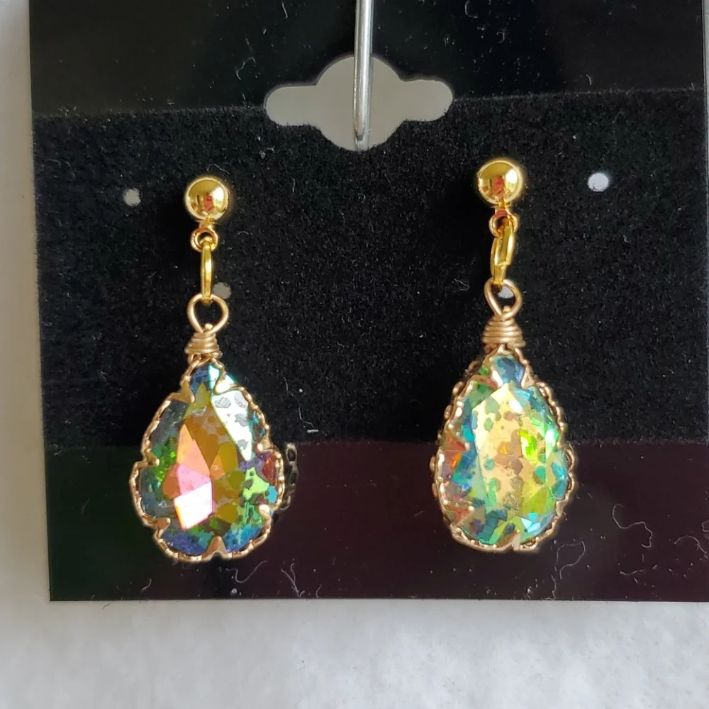 Womens gold & iridescent stone post earrings